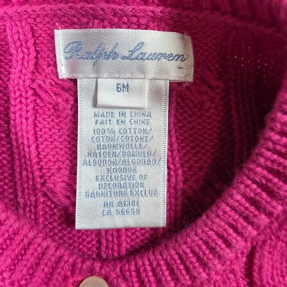 Ralph Lauren Cardigan Girls 6M Pink Cable Knit Peplum Ruffle Button Frnt Sweater